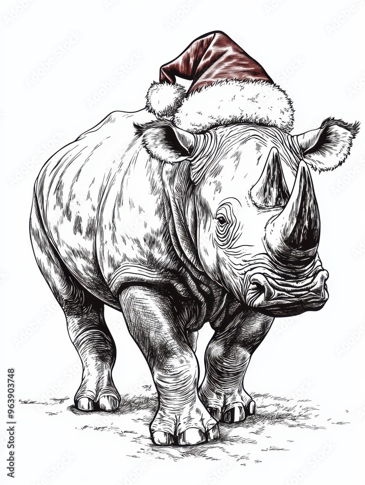 Fototapeta premium Black and white Vintage engraved art of a full-body rhinoceros wearing a Christmas Santa hat, isolated on white background, ink sketch illustration, simple vector art design, highly detailed line art