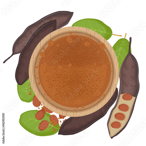 Vector Illustration Logo Clip art Top View Carob pods or Ceratonia Siliqua and Carob Powder