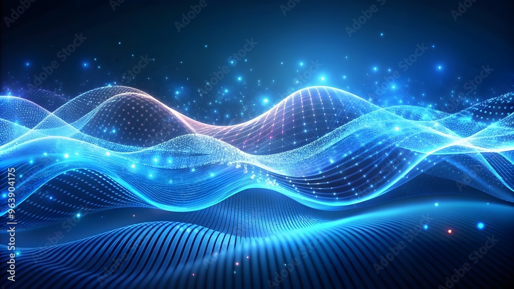 Digital art, motion graphics, abstract wave, particle effects, blue light, dark background, futuristic, technology, energy. Digital art of white light shining though the starry sky with glowing star Digital art, motion graphics, abstract wave, particle effects, blue light, dark background, futuristic, technology, energy. Digital art of white light shining though the starry sky with glowing star