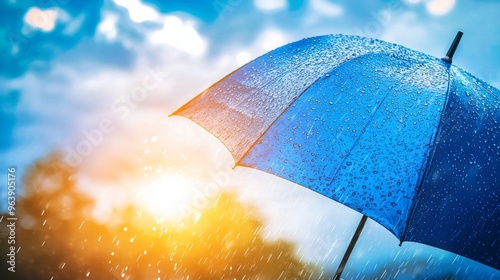 Concept of storm and heavy rain with a vintage umbrella revealing blue sky with shining sun