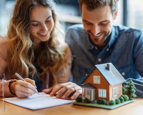 Real estate agent signing mortgage agreement with smiling young couple, close-up of miniature house, concept of home buying, generative AI style, warm and welcoming tones photo