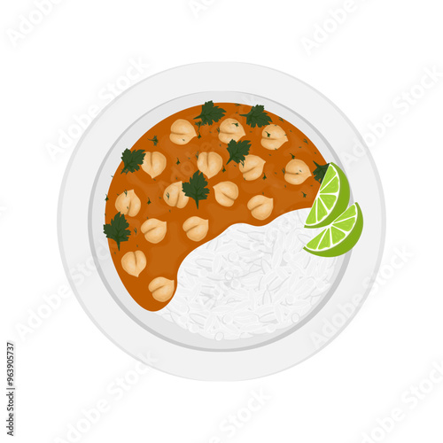Vector Illustration Logo Clipart Top View Chana masala Chickpea curry with basmati rice