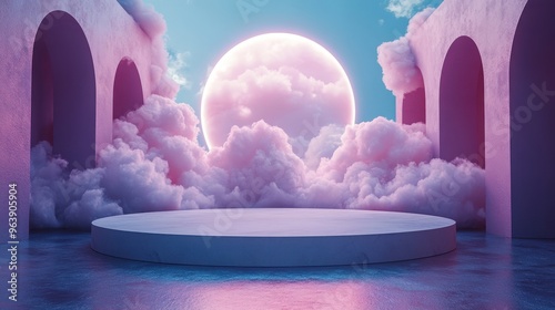 3d white clou3d levitating above the cube pedestal square podium ladder minimal room interior floating cumulus objects isolate3d on violet blue backgroun3d modern design abstract metaphor
