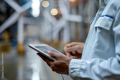 Close-up hands of businessman consultant analyzing wind turbine performance on a digital tablet. Reviewing wind energy output data for wind farms. Renewable energy concept