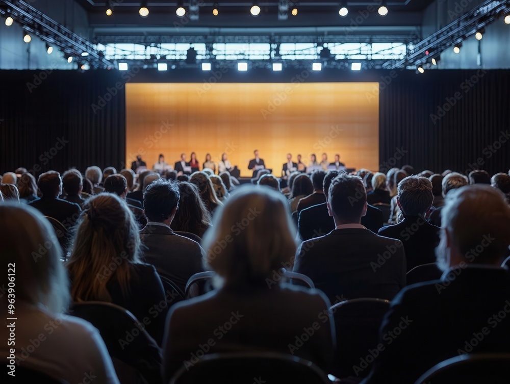 © Karn AS Images - The rear view of a diverse audience attentively listening to a speaker at a business conference, with a well-lit stage and professional setting