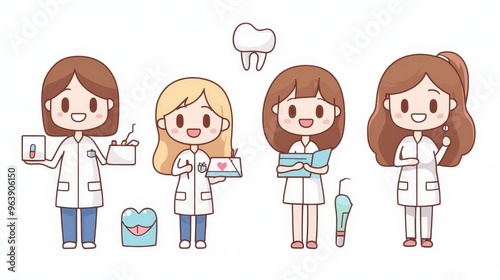 Cute Cartoon Dentist Team Characters Illustration