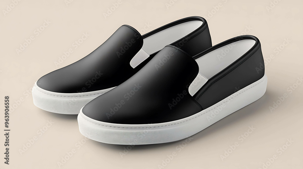Pair of black leather slip-on sneakers with white soles. Pair of black leather slip-on sneakers with white soles.