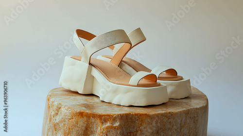 A pair of white platform sandals with a chunky heel. photo