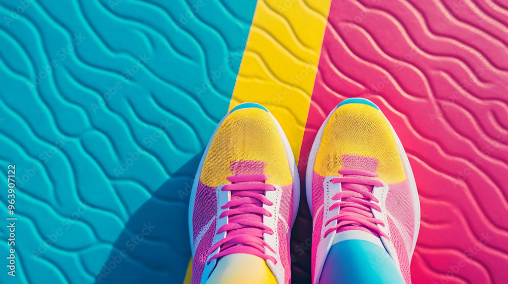 Naklejka premium Colorful sneakers on colorful patterned floor.