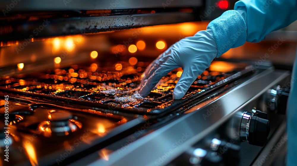 A close-up of a gloved hand cleaning a kitchen stove with bright lights reflecting on the surface, showcasing attention to hygiene. A close-up of a gloved hand cleaning a kitchen stove with bright lights reflecting on the surface, showcasing attention to hygiene.