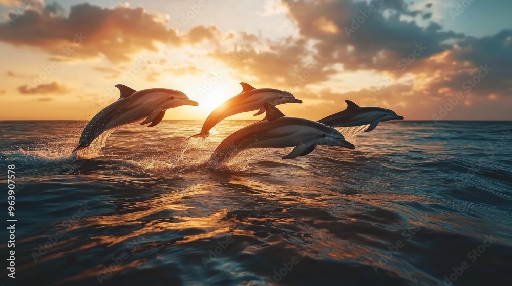 A group of dolphins leaping out of the ocean during sunset A group of dolphins leaping out of the ocean during sunset