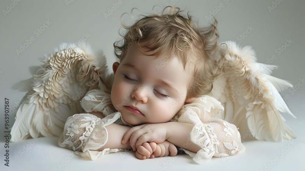 Serene Angelic Baby Sleeping Beautiful Lace Feathers Soft Light Expression Harmony. AI Generated Serene Angelic Baby Sleeping Beautiful Lace Feathers Soft Light Expression Harmony. AI Generated