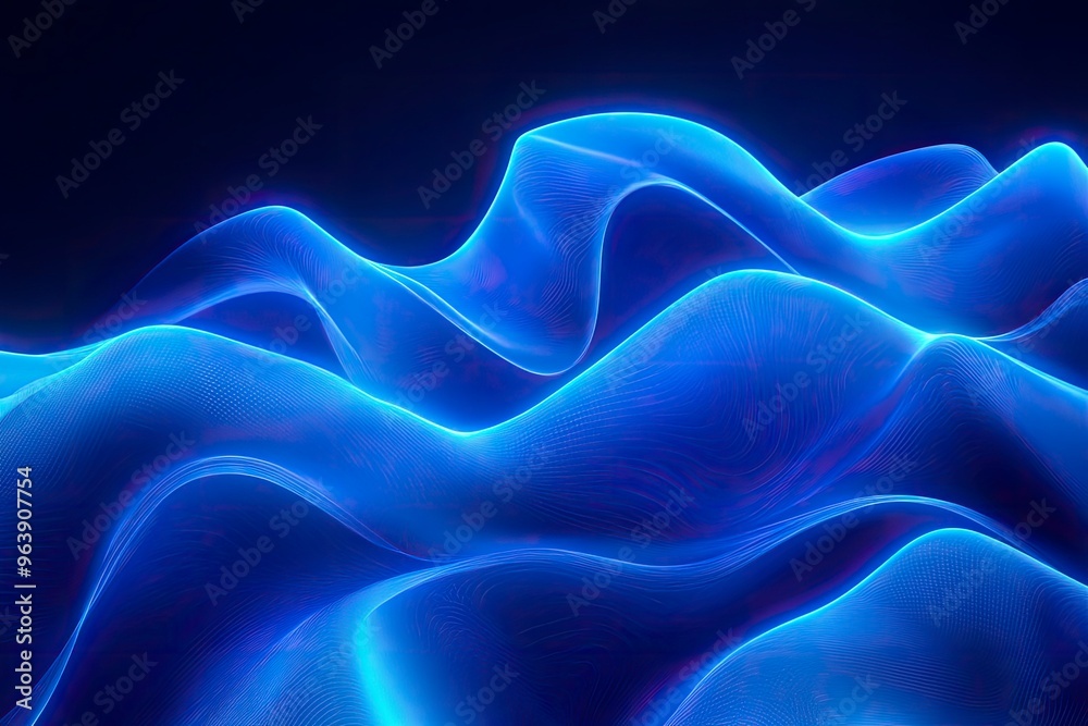 Obraz premium Blue neon illustration background with soft and elegant waves. Premium design for wallpaper, banner, poster, ai
