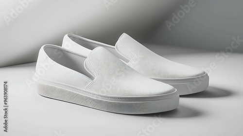 Pair of white slip-on sneakers on a white surface.