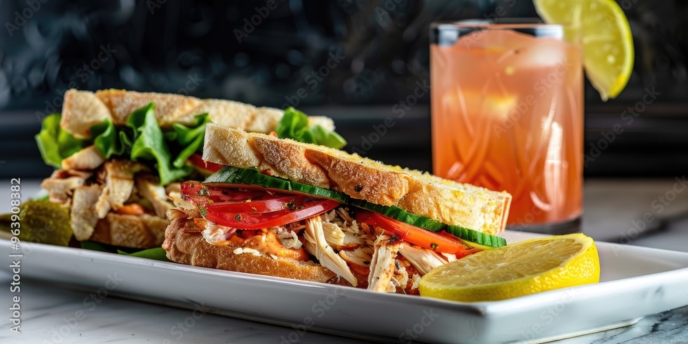 Tasty and revitalizing sandwich accompanied by lemonade on a light serving tray, featuring a mix of vegetables and chicken. Tasty and revitalizing sandwich accompanied by lemonade on a light serving tray, featuring a mix of vegetables and chicken.