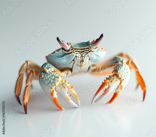 A crab with orange claws and a blue shell is standing on a white background. The crab's eyes are open and it is looking at the camera photo