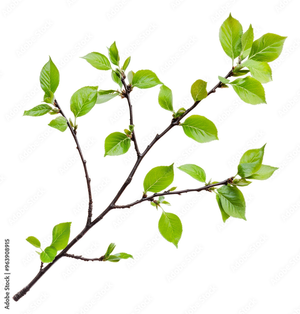 Fototapeta premium Green branch with leaves on white, cut out - stock png.