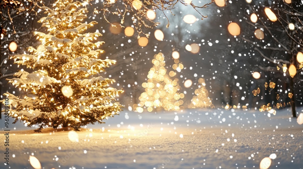 Naklejka premium Snowy Christmas Tree with Lights and Bokeh