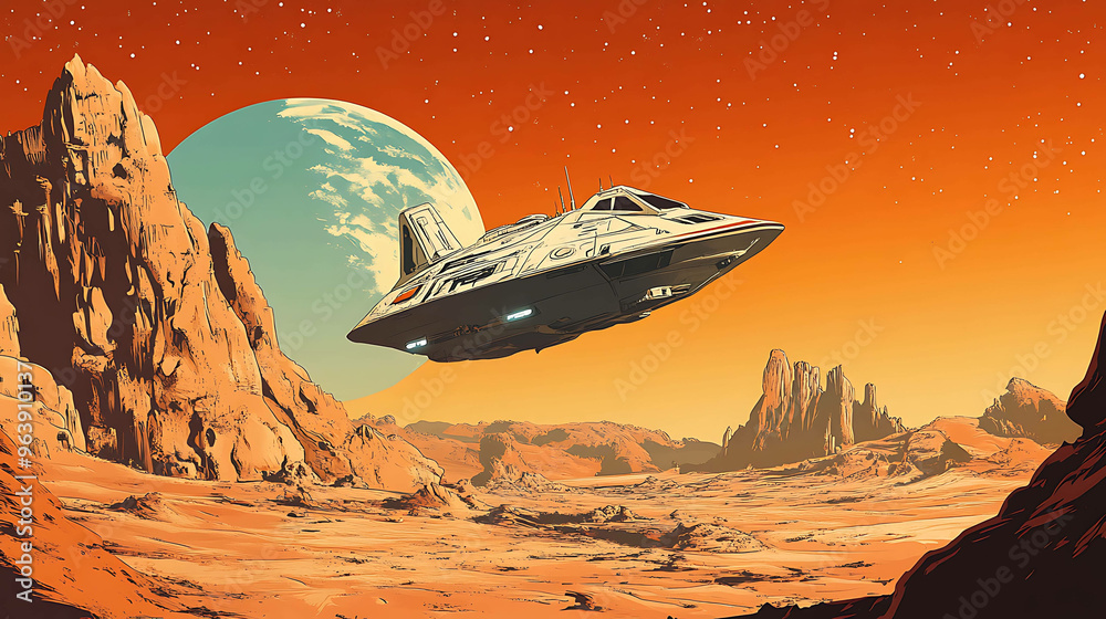 A spaceship flies over a red, rocky landscape with a planet in the background. A spaceship flies over a red, rocky landscape with a planet in the background.