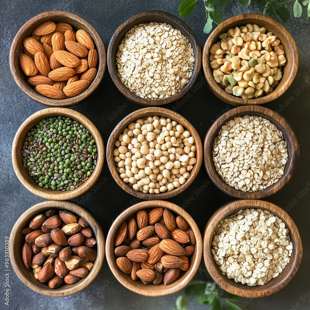 A collection of nuts and seeds in wooden bowls arranged in a grid. The bowls are filled with a variety of nuts and seeds, including almonds, cashews, and walnuts. Concept of abundance and variety A collection of nuts and seeds in wooden bowls arranged in a grid. The bowls are filled with a variety of nuts and seeds, including almonds, cashews, and walnuts. Concept of abundance and variety