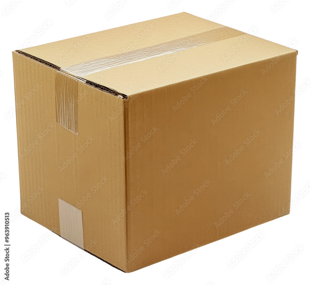 Plain brown cardboard box on a white background, cut out - stock png. Plain brown cardboard box on a white background, cut out - stock png.