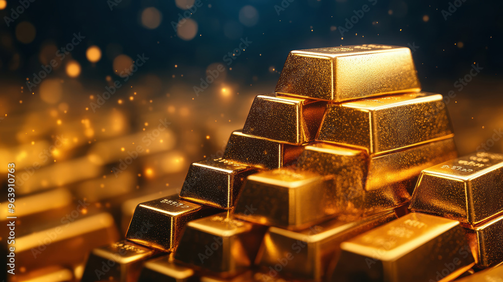A pile of gold bars with the number 1 on the top. The bars are stacked on top of each other, creating a pyramid shape. Concept of wealth and luxury, as gold is often associated with high value A pile of gold bars with the number 1 on the top. The bars are stacked on top of each other, creating a pyramid shape. Concept of wealth and luxury, as gold is often associated with high value