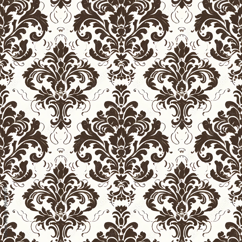 Elegant brown floral damask pattern on a white background for sophisticated decor. Elegant brown floral damask pattern on a white background for sophisticated decor.