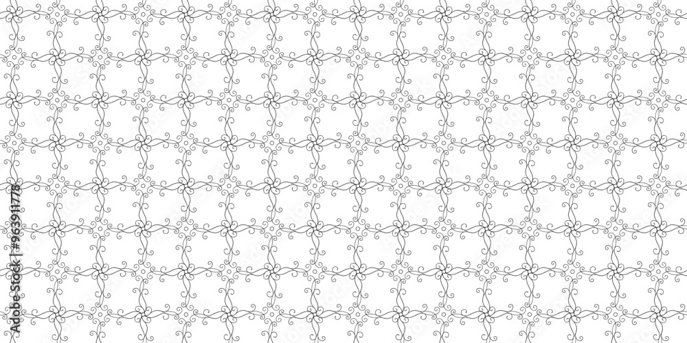 Black and white background with repeating openwork squares of curls and circles. Monochrome endless texture with lace geometric ornament. Vector seamless pattern for wrapping paper and surface texture Black and white background with repeating openwork squares of curls and circles. Monochrome endless texture with lace geometric ornament. Vector seamless pattern for wrapping paper and surface texture
