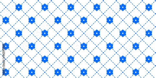 Blue and white decorative cornflower on a checkered background of dashed lines and dots. Monochrome endless texture with abstract flowers on a dotted grid. Vector seamless pattern for surface texture
