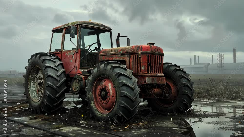 Rusty tractor in misty fields with industrial backdrop during early morning light Rusty tractor in misty fields with industrial backdrop during early morning light