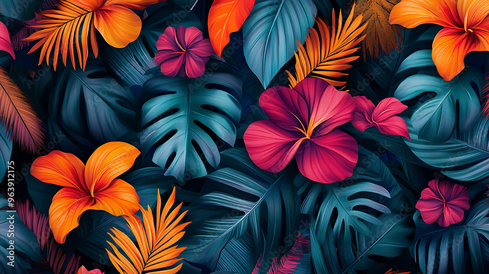 Vibrant tropical flowers and leaves create a lush, exotic pattern. Vibrant tropical flowers and leaves create a lush, exotic pattern.