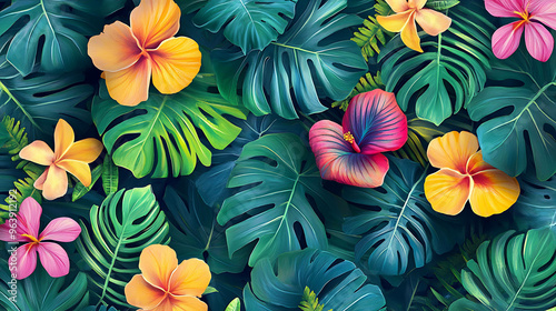 Vibrant tropical leaves and flowers create a lush and inviting background.