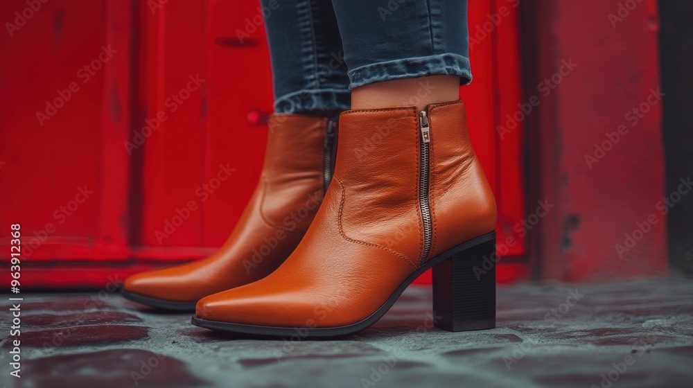 Fashionable Woman Wearing Stylish Red Leather Boots on Urban Street Fashionable Woman Wearing Stylish Red Leather Boots on Urban Street