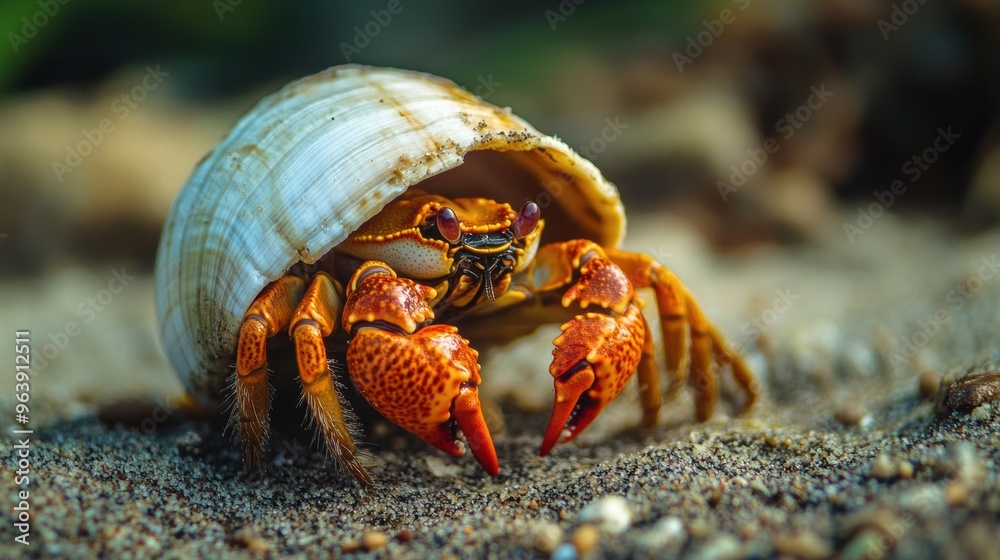 Hermit Crab Emerging from Its Protective Shell on Sandy Beach Hermit Crab Emerging from Its Protective Shell on Sandy Beach