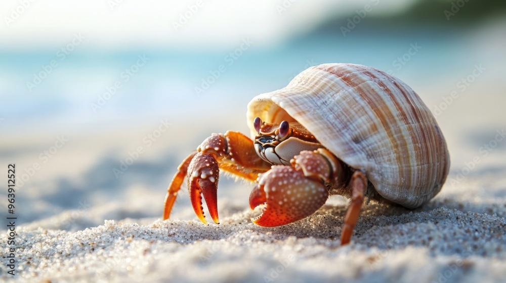 Close up of a Curious Crab Crawling on the Sandy Beach by the Ocean Close up of a Curious Crab Crawling on the Sandy Beach by the Ocean