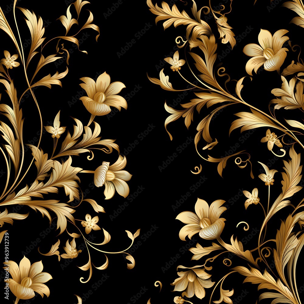 Luxurious gold and silver floral pattern on a black background for elegant designs. Luxurious gold and silver floral pattern on a black background for elegant designs.