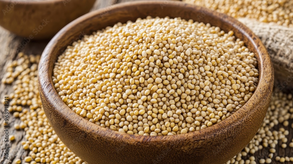 Organic White Quinoa Seeds in Wooden Bowl Close Up Macro Organic White Quinoa Seeds in Wooden Bowl Close Up Macro