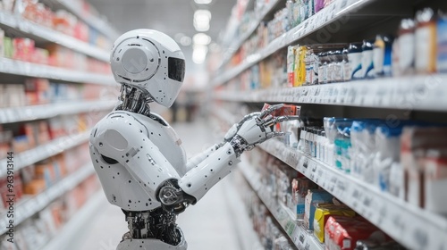 Robotic Arm Shelves in Futuristic Supermarket Aisle