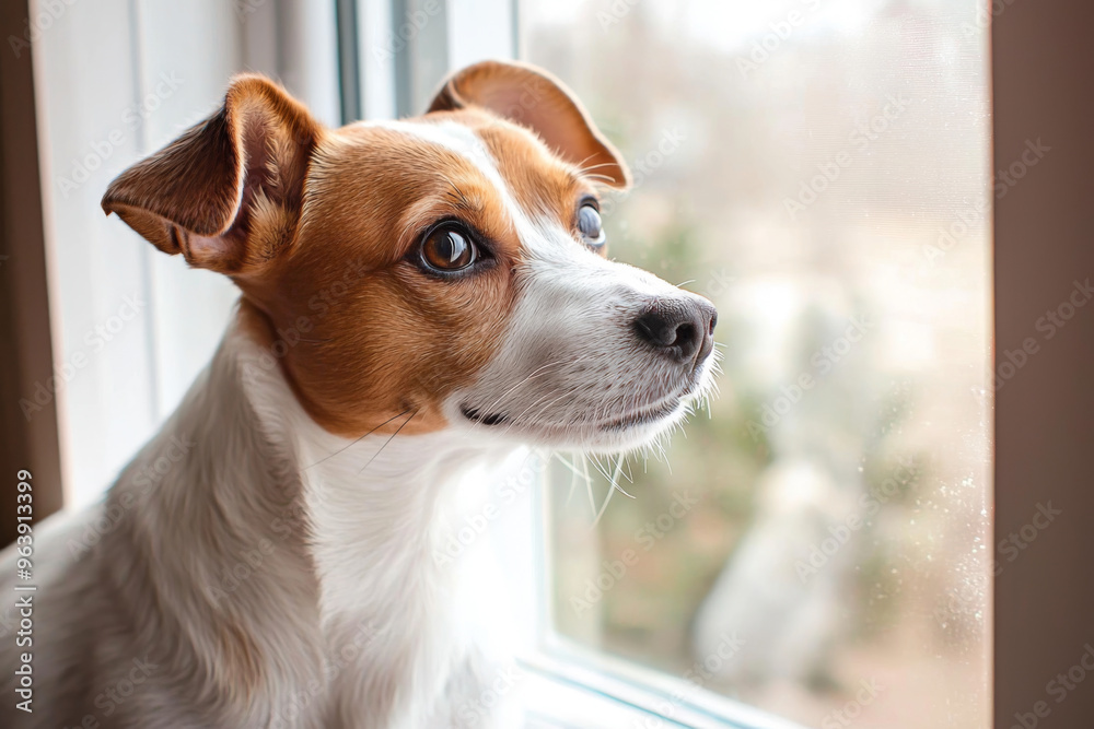 A dog gazes out a window, observing the outside world with curiosity and contemplation. A dog gazes out a window, observing the outside world with curiosity and contemplation.