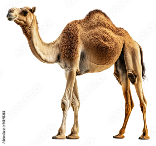 Camel standing gracefully in a desert landscape, cut out - stock png.