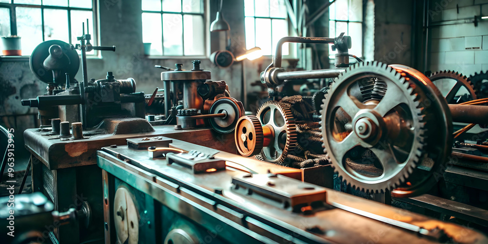 Fototapeta premium A vintage workshop filled with rusty gears, worn tools.