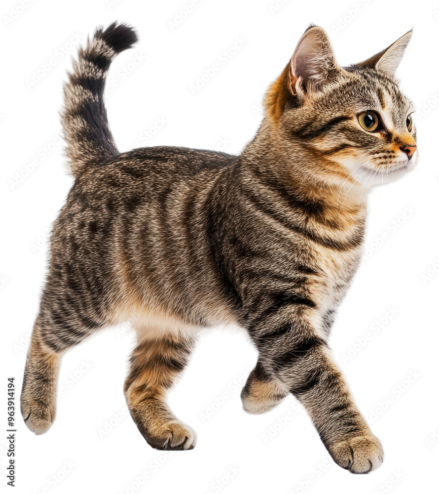 A playful tabby cat walking on a white background, cut out - stock png. A playful tabby cat walking on a white background, cut out - stock png.