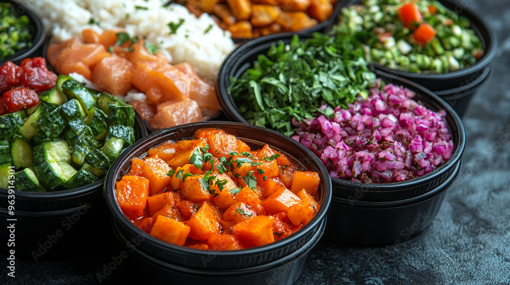 A vibrant assortment of fresh vegetables and ingredients in bowls, perfect for healthy meal preparation or culinary inspiration. A vibrant assortment of fresh vegetables and ingredients in bowls, perfect for healthy meal preparation or culinary inspiration.