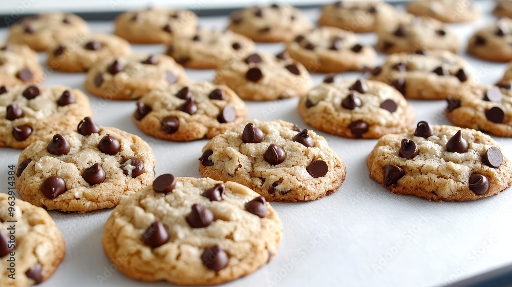 Homemade Chocolate Chip Cookies Freshly Baked on Baking Sheet Homemade Chocolate Chip Cookies Freshly Baked on Baking Sheet
