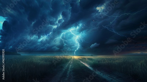 A nighttime, tornadic mezocyclone lightning storm shoots bolt of electricity to the ground and lights up the field and dirt road photo