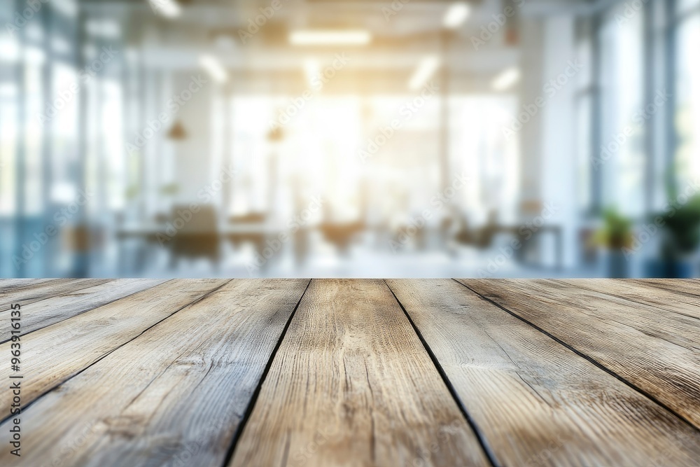 Empty wooden table top in front of a blurred background, showcasing a stylish office meeting area, ideal for business advertising presentations , ai Empty wooden table top in front of a blurred background, showcasing a stylish office meeting area, ideal for business advertising presentations , ai