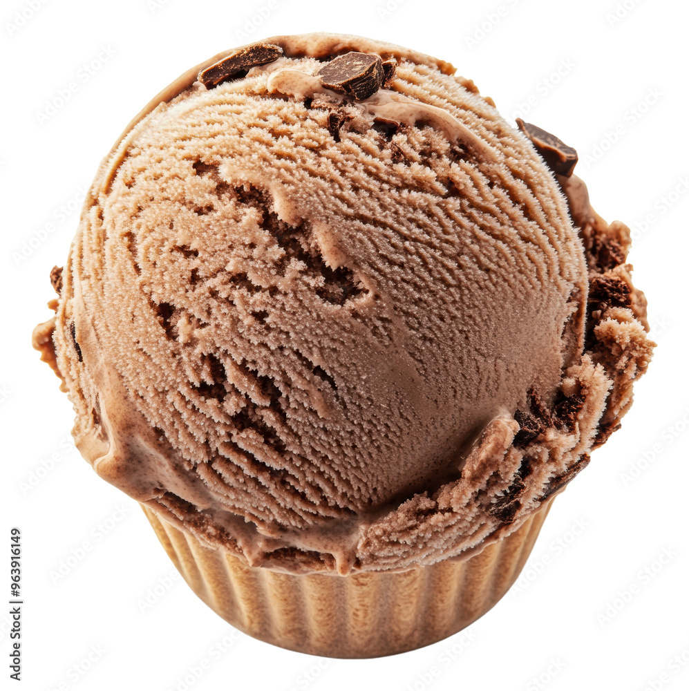 Chocolate ice cream scoop in a waffle cone, cut out - stock png.