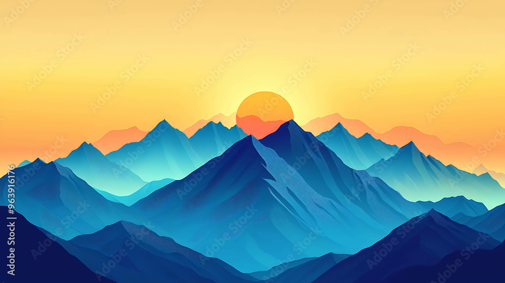 Fototapeta premium A minimal, artistic illustration of a mountain range with a large sun setting behind them.