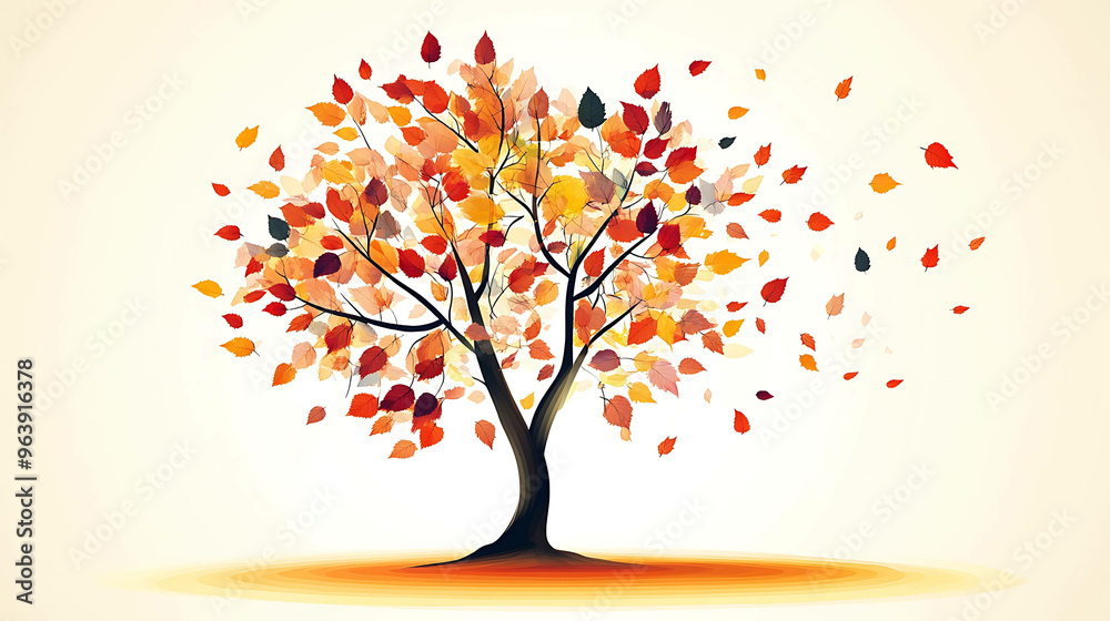 Fototapeta premium A colorful illustration of a tree with leaves changing colors in autumn.