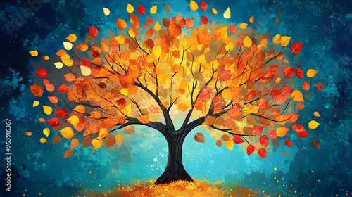 Painting of a tree with colorful leaves against a blue background. photo